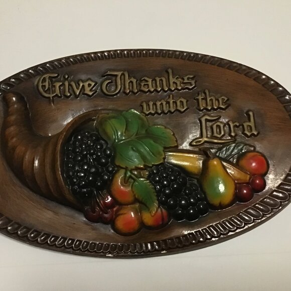 Vtg 1970s Chalkware Give Thanks Unto the Lord Cornucopia Wall Plaque 15" 3D - Picture 3 of 6